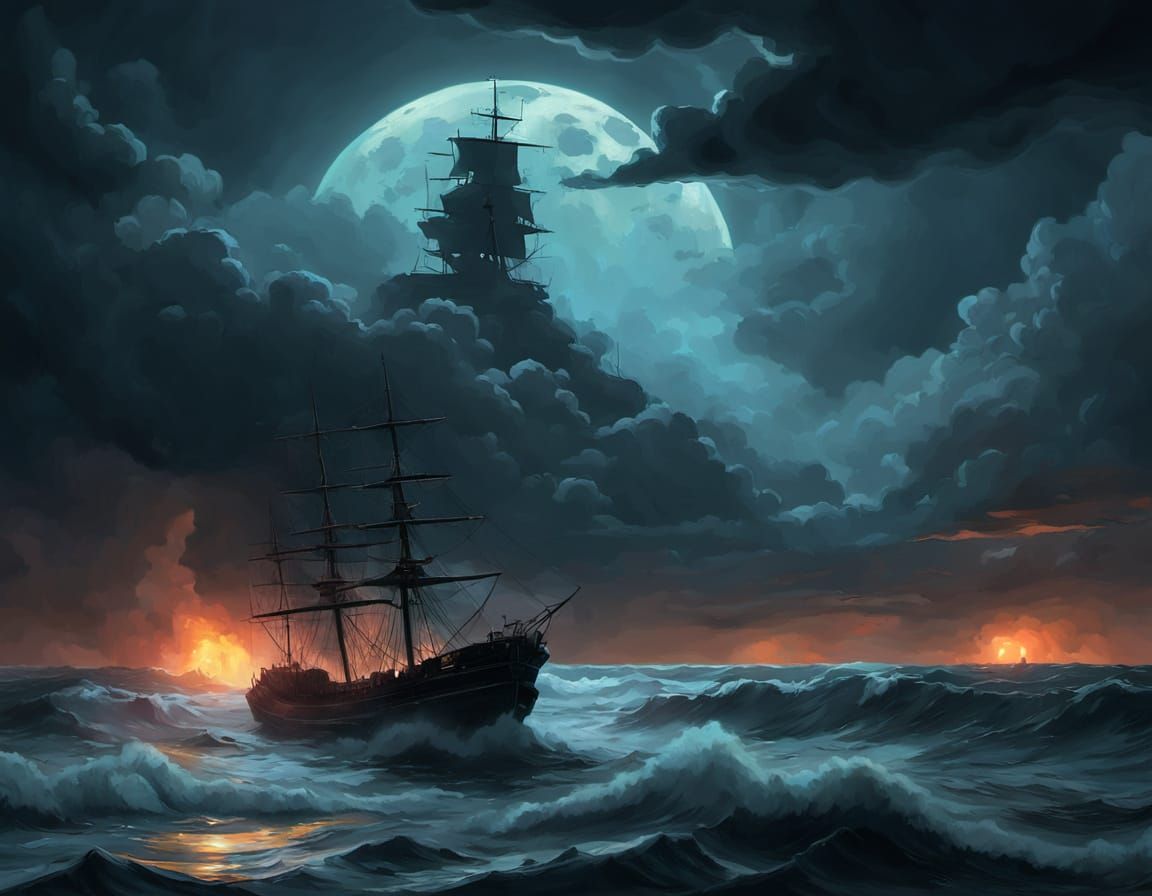 Burning Ghost Ship in Cyberpunk Storm