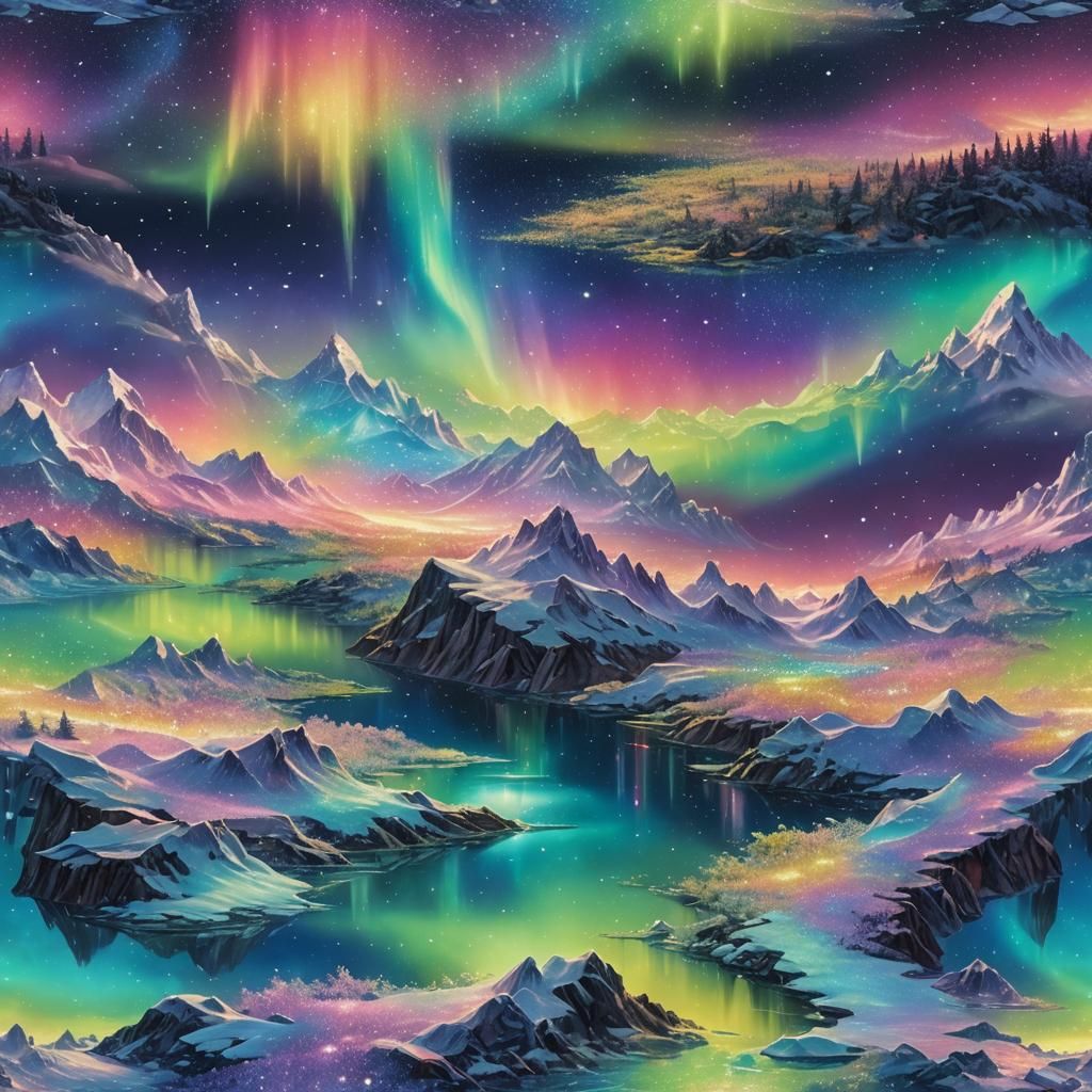 Iridescent Arctic Aurora Landscape in Fantasy Style