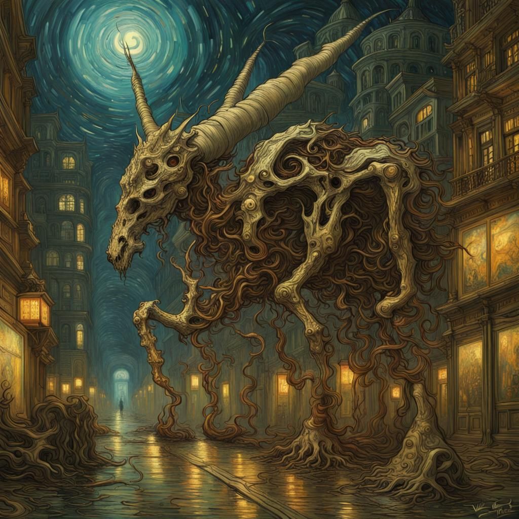 Surreal Sci-Fi Gravicorn Stalemate in Art Nouveau Style