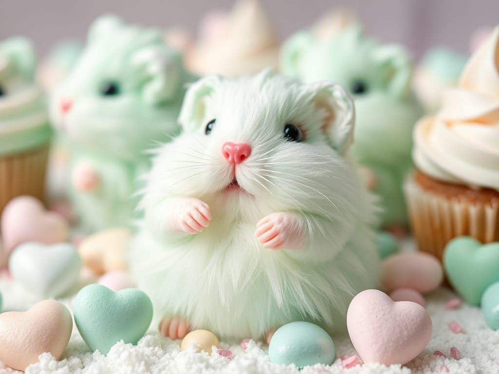 Whimsical Cotton Candy Hamsters in Minty Fantasy Land
