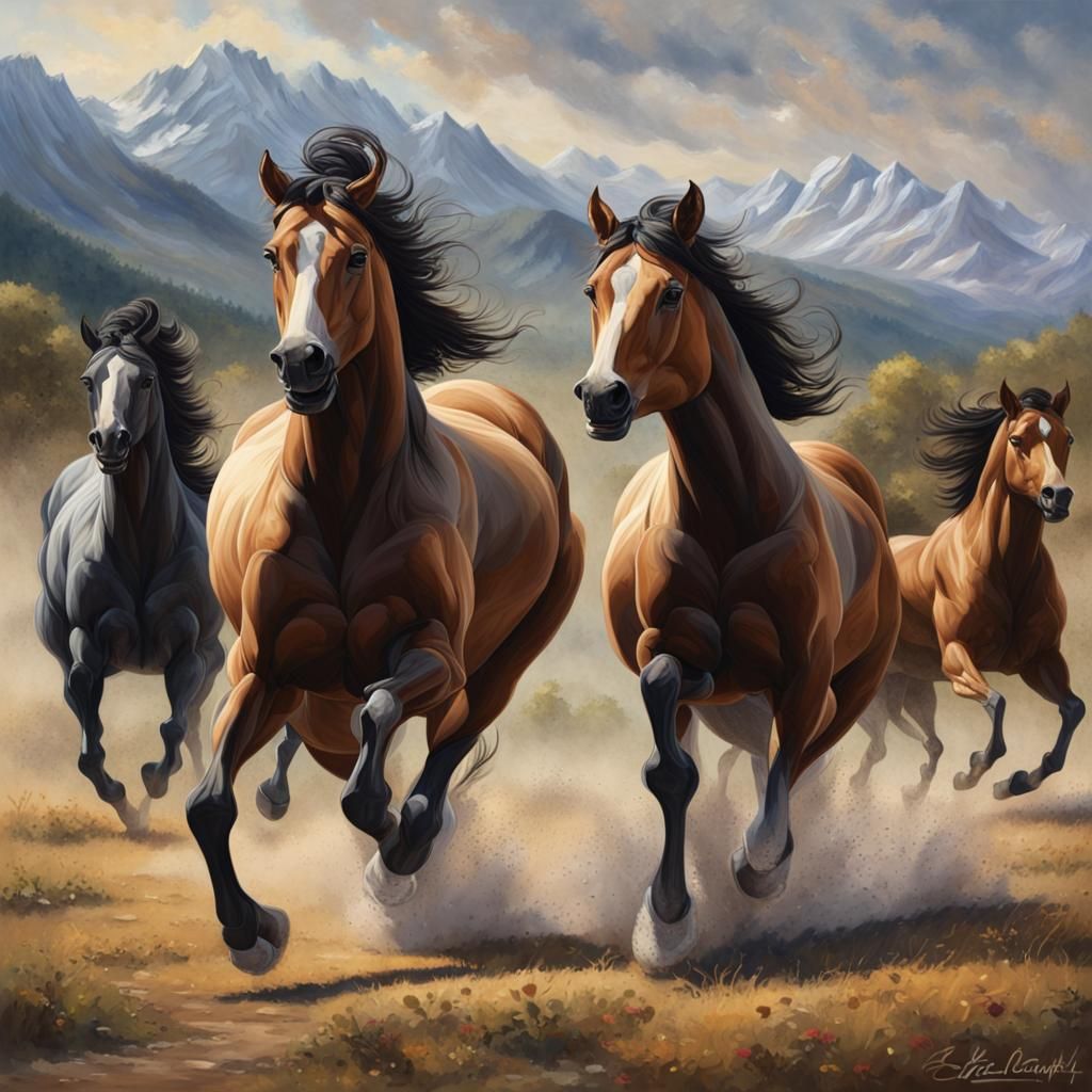 Wild Stallions Galloping: An Impressionist Oil Painting