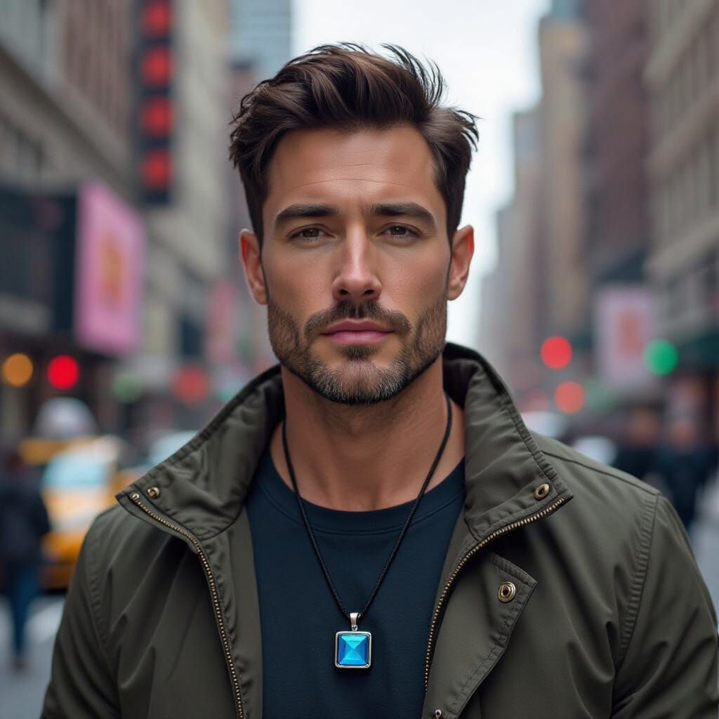 Man with Blue Pendant in Edgy, Modern Style