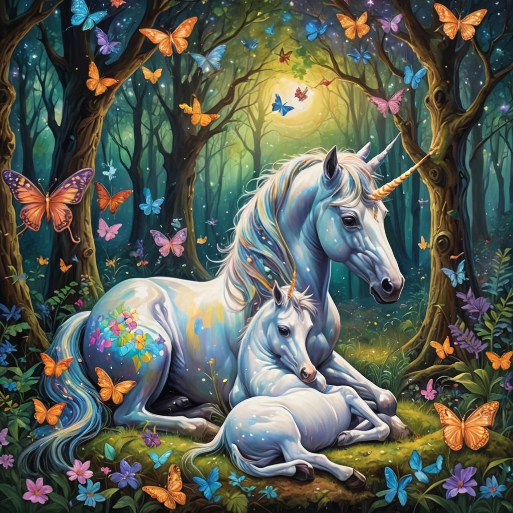 Fantasy Unicorn and Foal in Magical Forest Painting