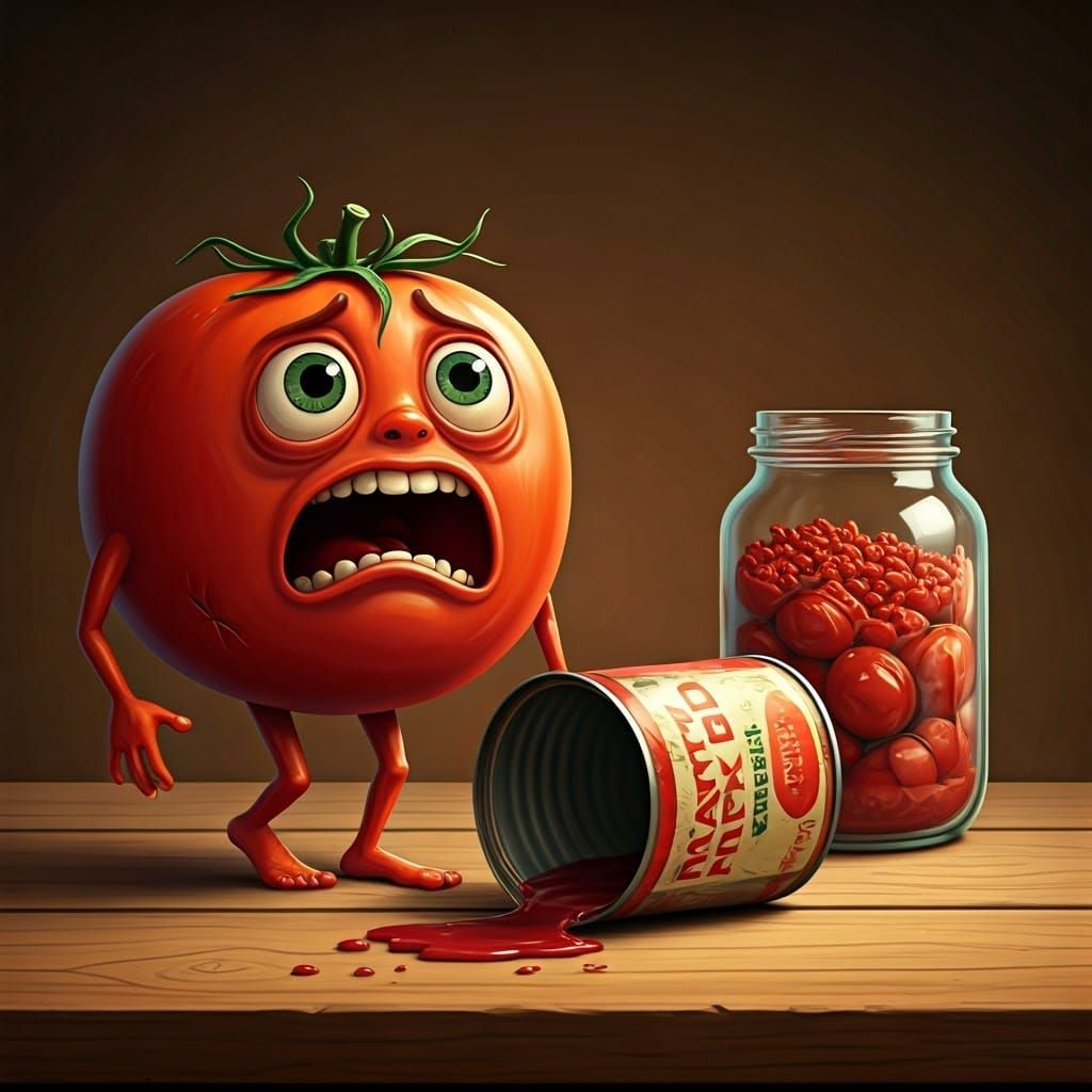 Distressed Tomato Beside Leaking Can, Folk Art Style