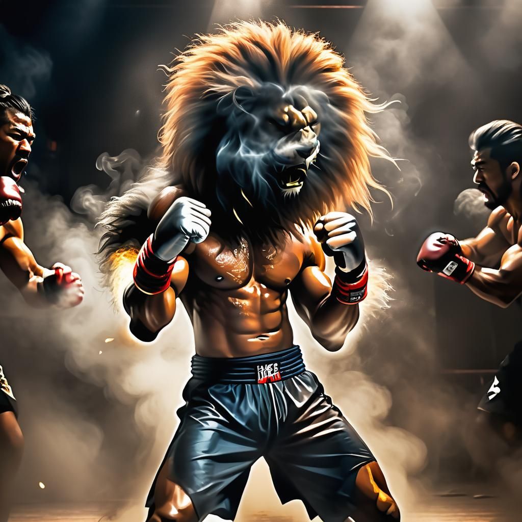 Thai Boxer's Lion Spirit in Cyberpunk Ring