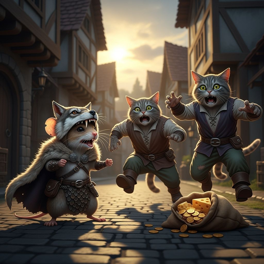 Warrior Mouse in Wolf Cape Roars at Fleeing Bandit Cats