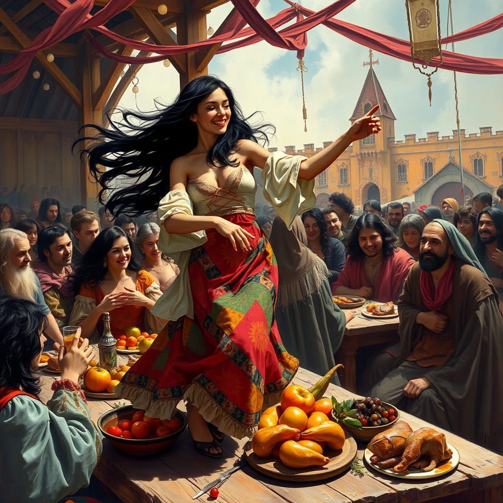 Lively Renaissance Festival Scene in the Style of Fantasy Ar...