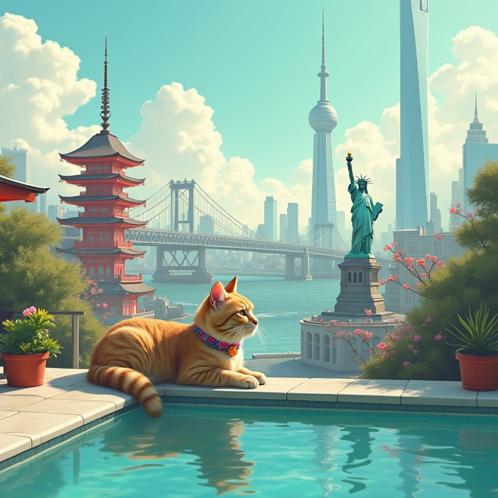 Surreal Cat Amidst Tokyo and NYC Landmarks in Vibrant Archit...