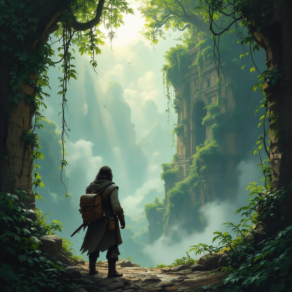 Explorer at Ancient Ruin, Magical Realism Concept Art