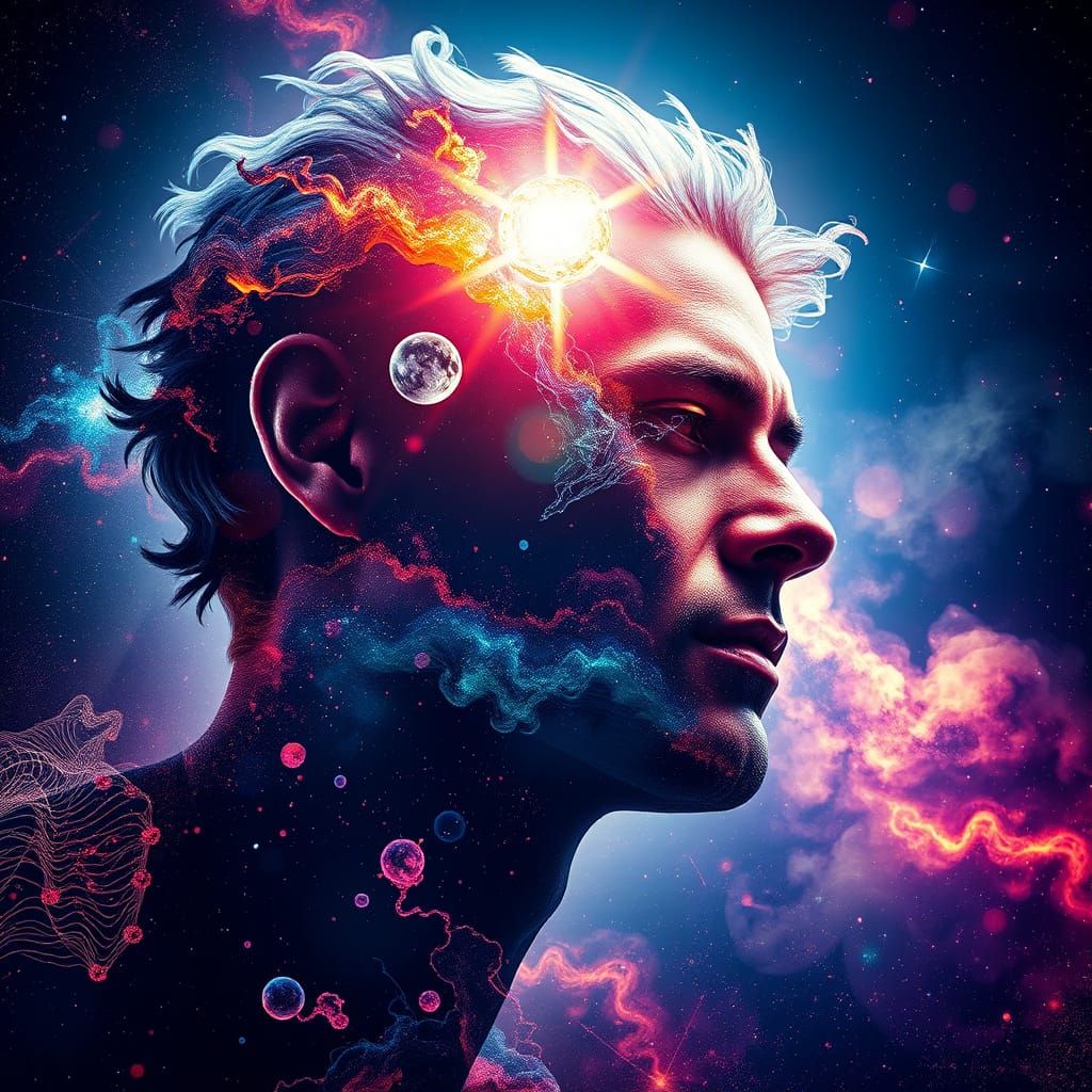 Hypnotic Cosmos Figure in Dramatic Double Exposure