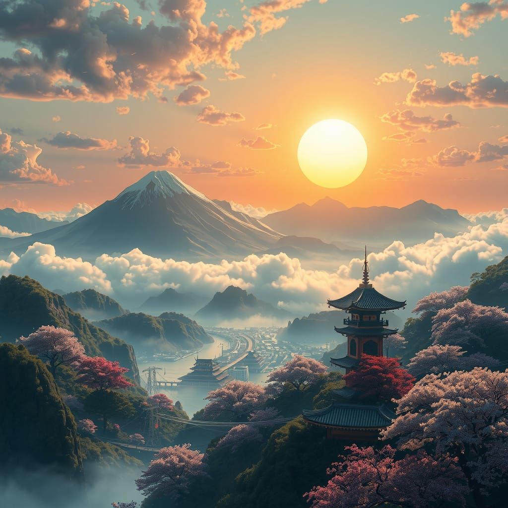 Mystical Japan in Golden Sunrise