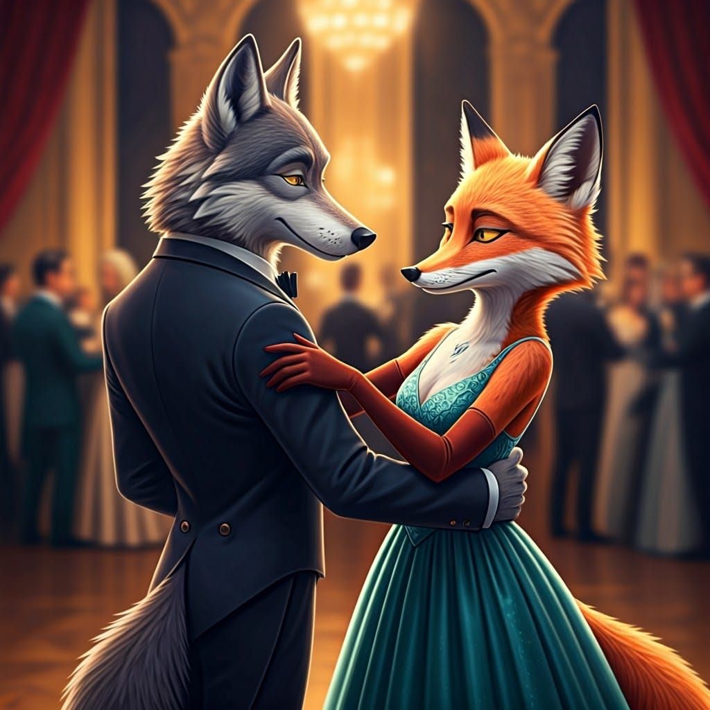Wolf and Fox in Elegant Tuxedo and Gown Dance at Gala