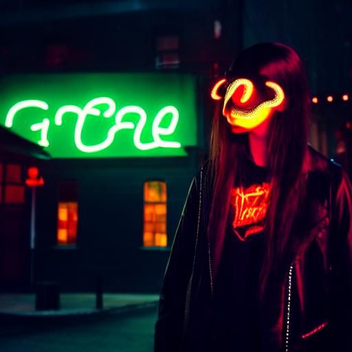 Amber Neon Goth Model in Cyberpunk Coffee Shop