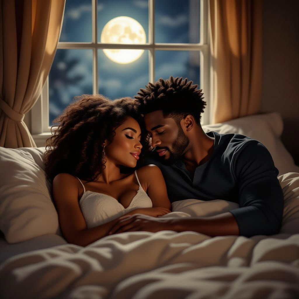 Romantic Bedroom Scene with Couple in Soft Moonlight