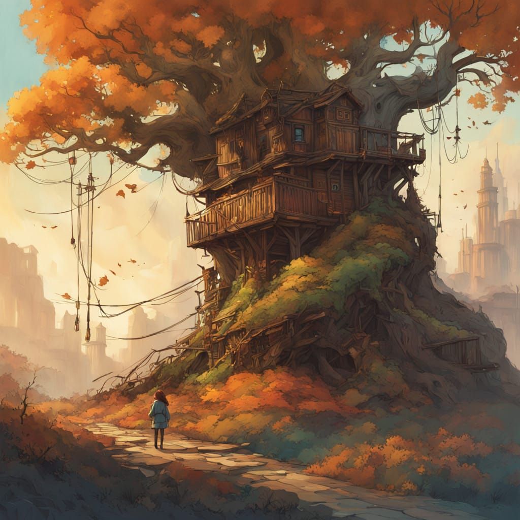 Whimsical Autumn Girl Ascends Ancient Tree in Dreamlike Wate...