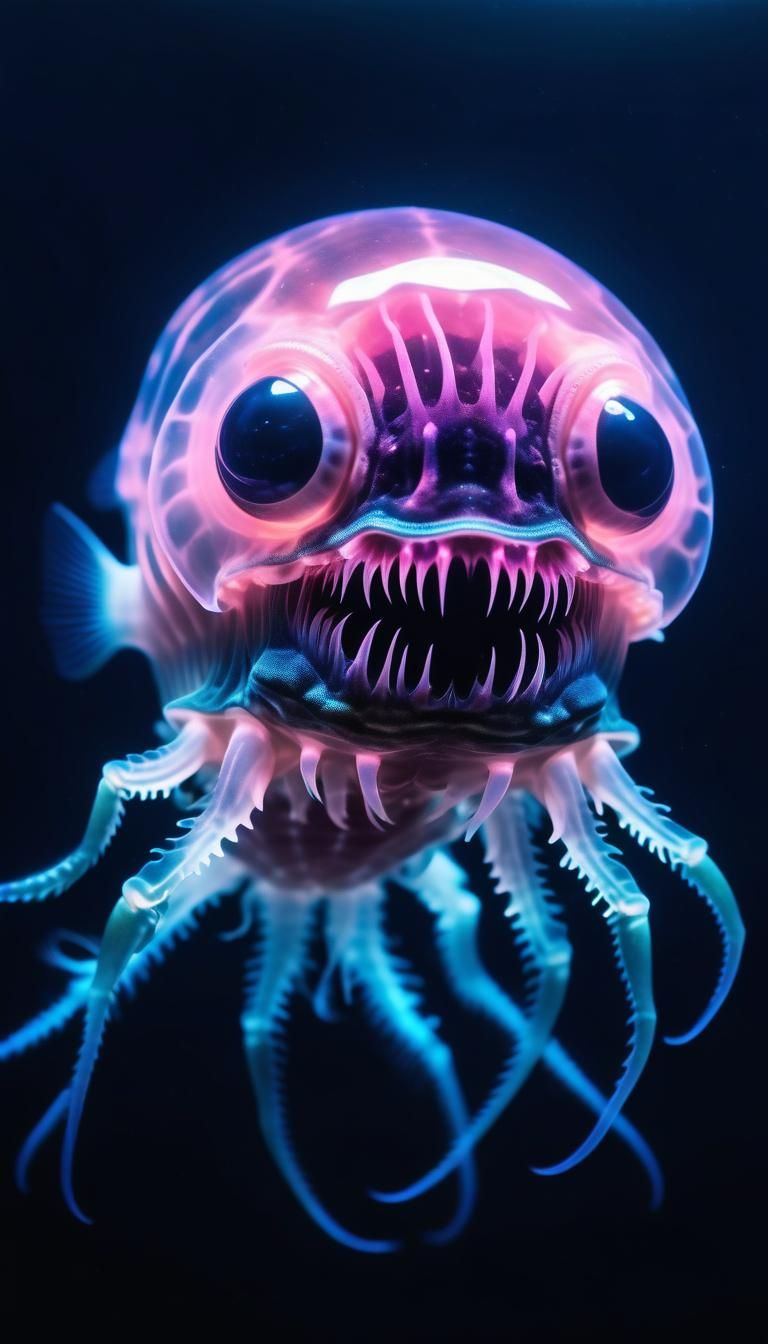 Bioluminescent Macabre Sea Creature in Dark Ocean