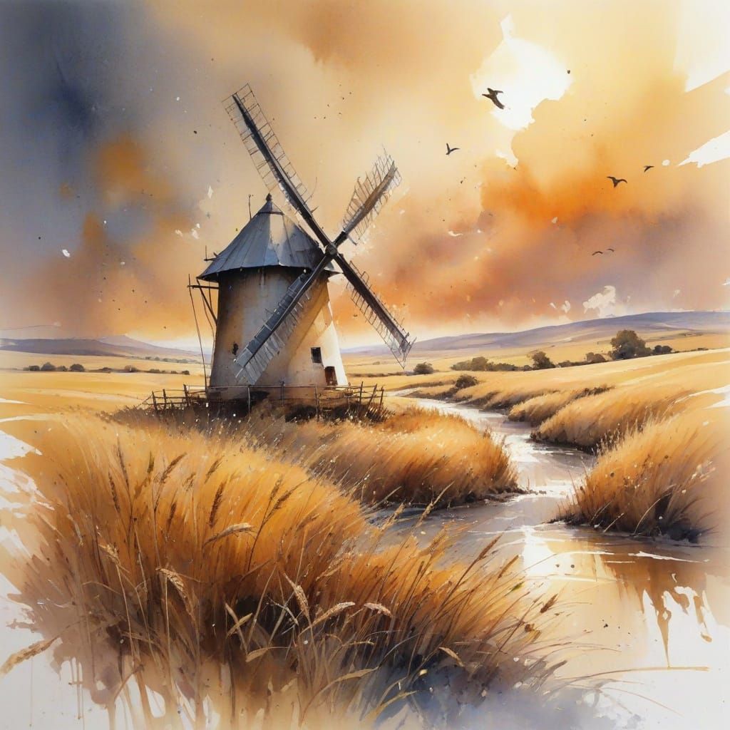 Rustic Windmill on Golden Plain in Watercolor Style