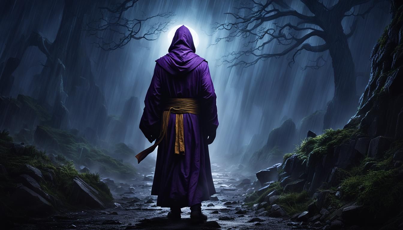 Faceless Monk Emerges from Stormy Fog: Dark Fantasy Art