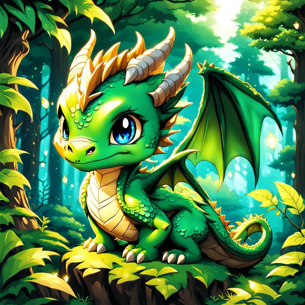Chibi Dragon in Forest, Anime Style Fantasy Art
