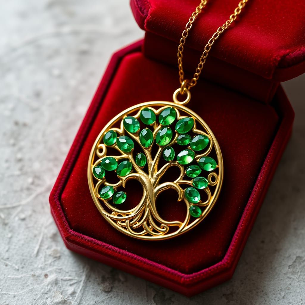 Golden Celtic Tree of Life Pendant with Emerald Leaves