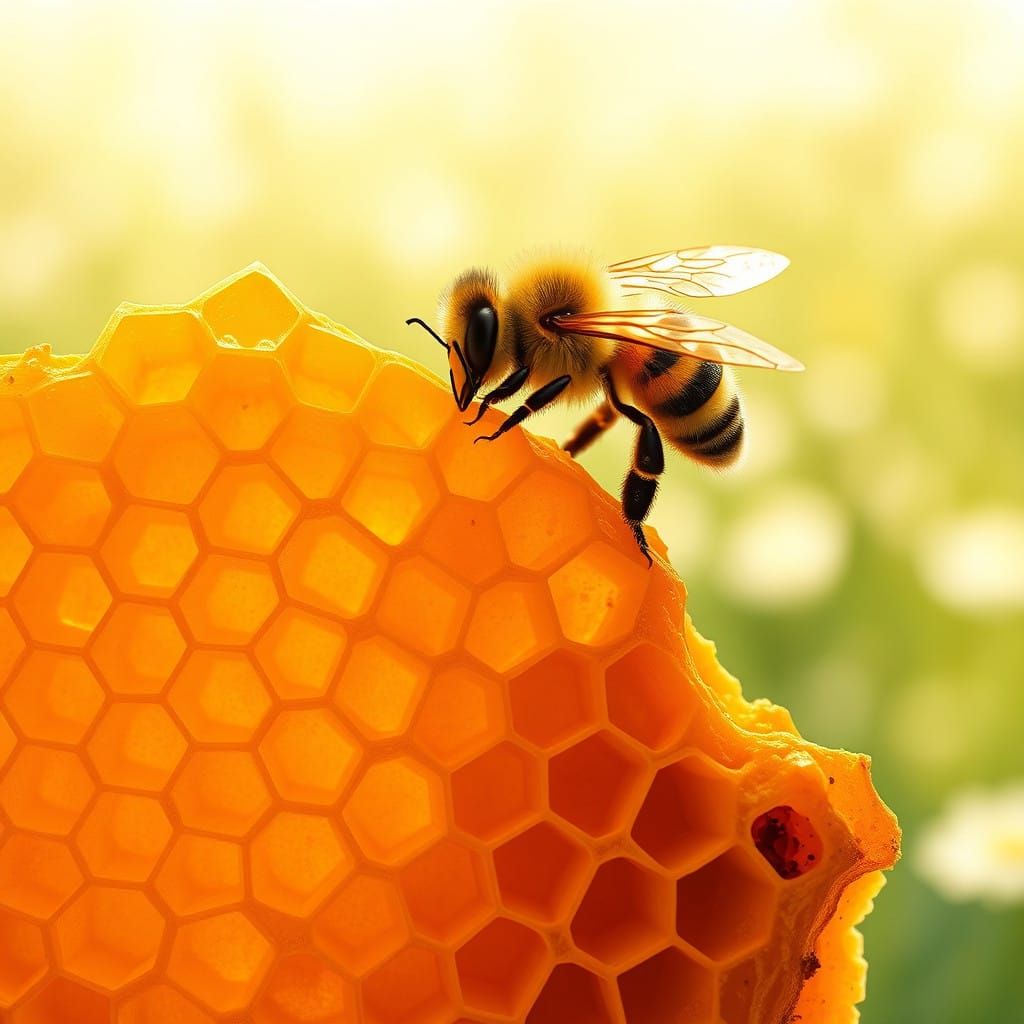 Golden Honeycomb Cells in Vibrant Hyper-Realism