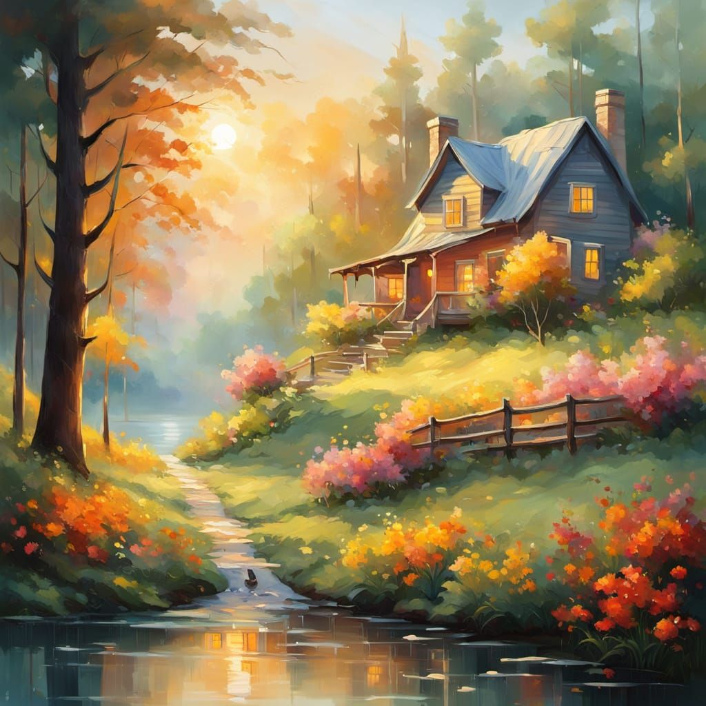 Cozy House in Woods at Golden Sunrise, Impressionist Style