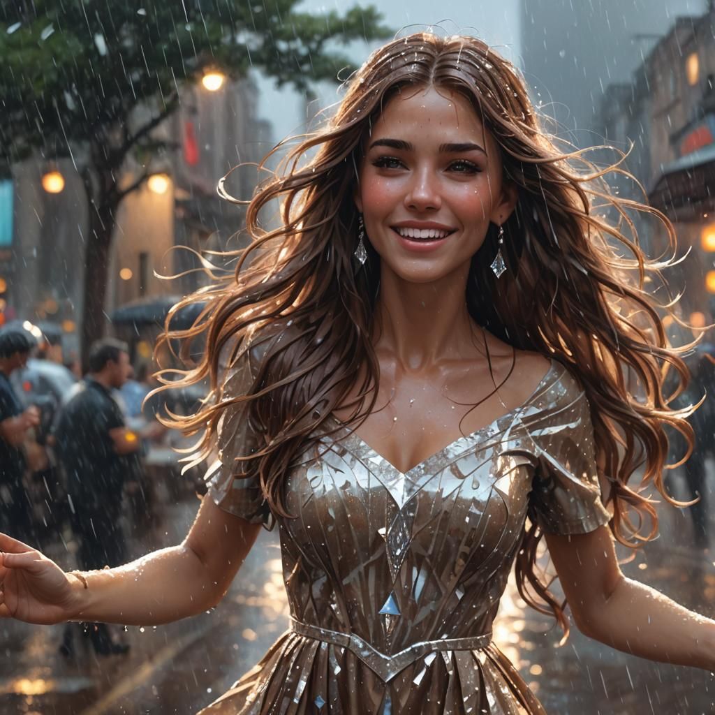 Girl in Diamond Dress Dancing in Rain