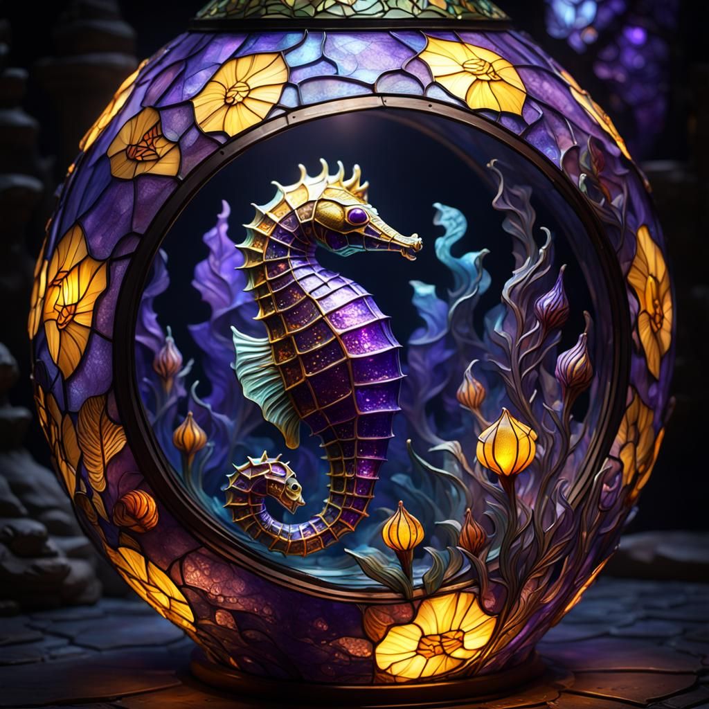 Seahorse Tiffany Glass Lantern: Dark Fantasy Art