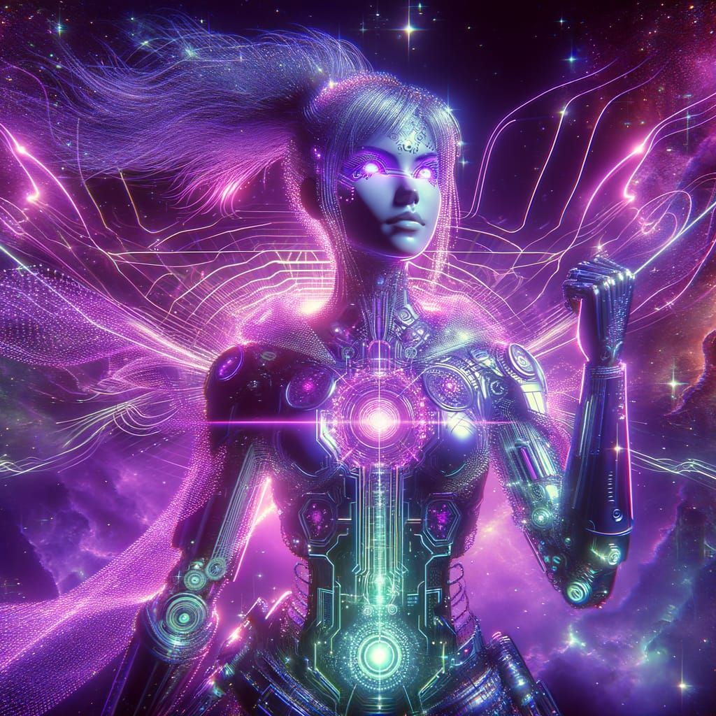 Futuristic Holographic Goddess in Cosmic Space