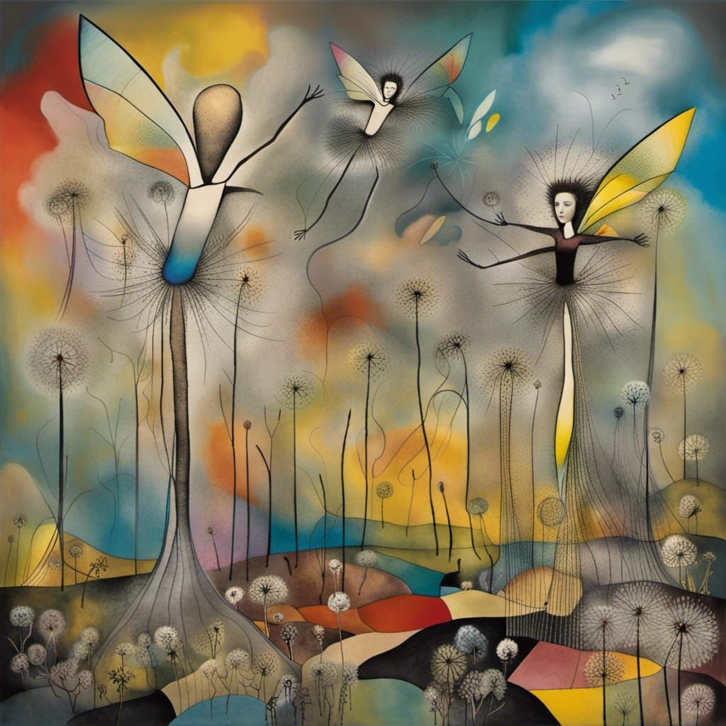 Winged Fairies in Dandelion Dreamscape, Surreal Art