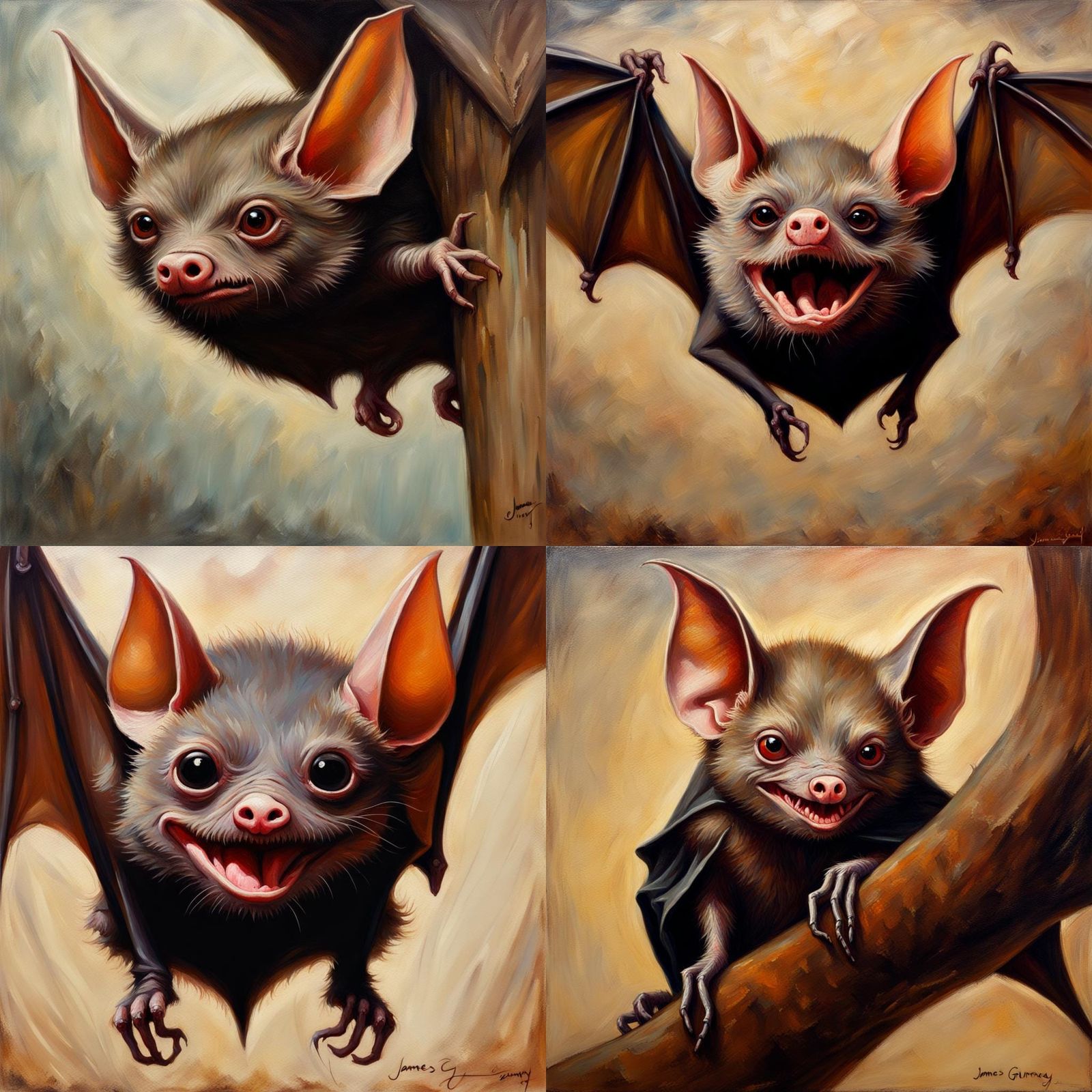 Victorian Whimsical Brown Vampire Bat Oil Painting