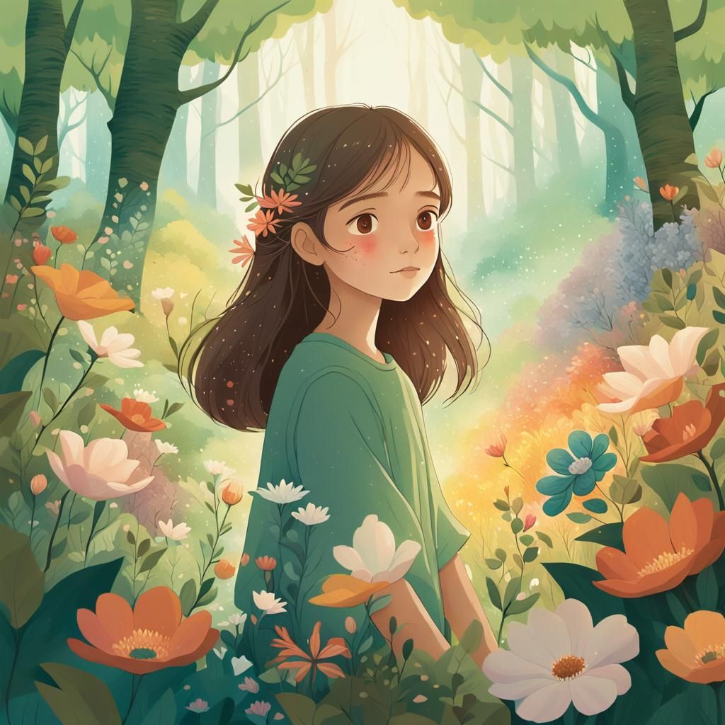 Girl Embracing Earth in Miyazaki-Inspired Forest