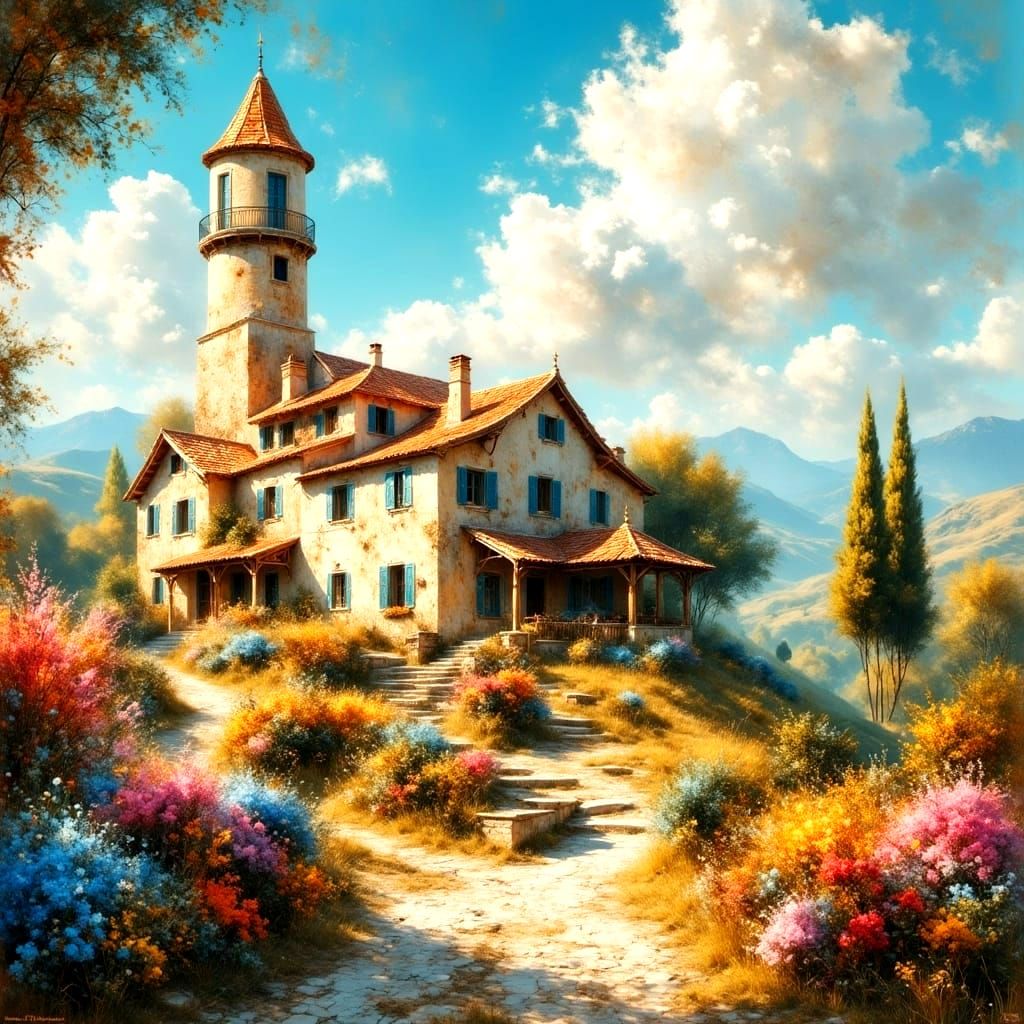 Mediterranean Villa with Tower and Windmill Amidst Vibrant B...