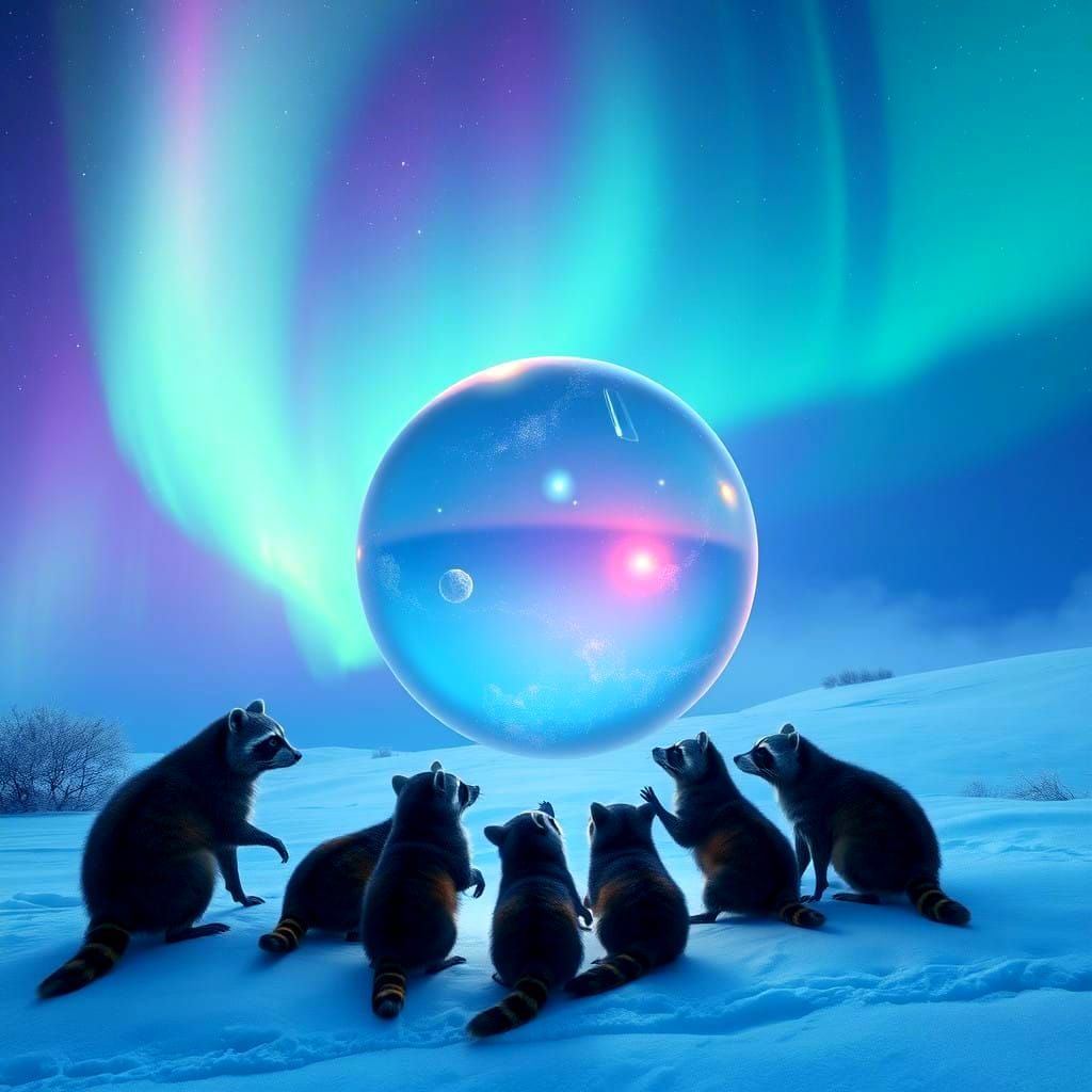 Raccoons Peer into a Transparent Orb in a Snowy Aurora Lands...