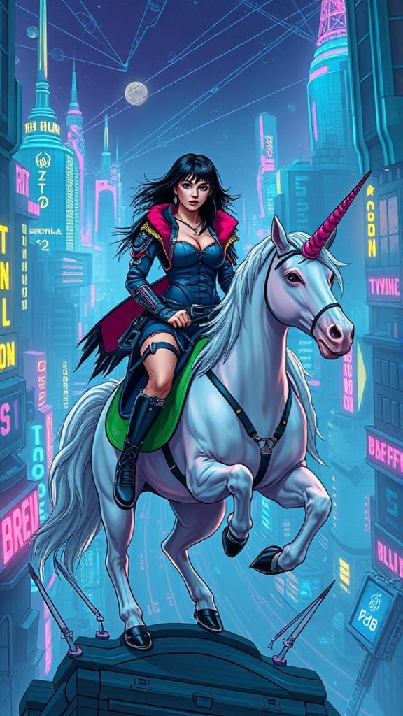 Cyberpunk Woman Rides Unicorn in Ukrainian Cityscape
