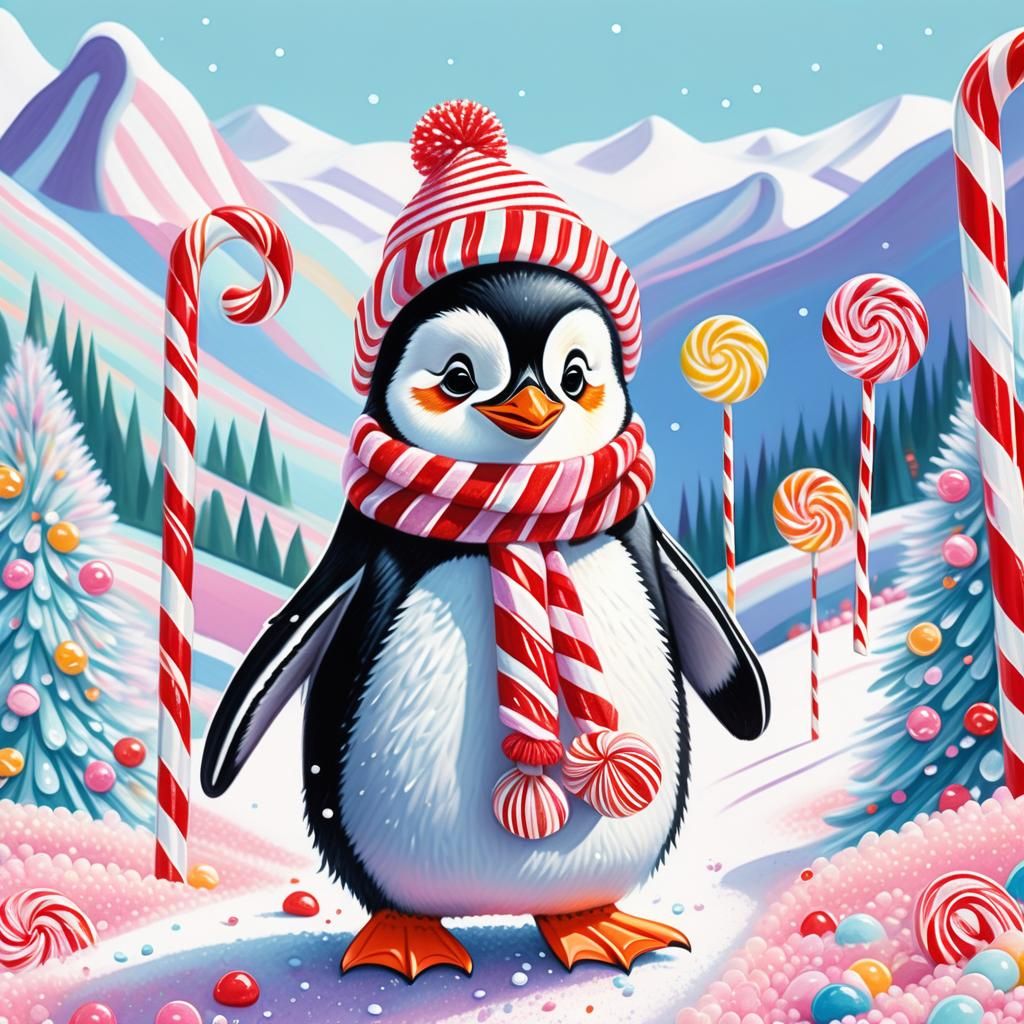 Penguin in Candy Wonderland: A Whimsical Gouache Illustratio...