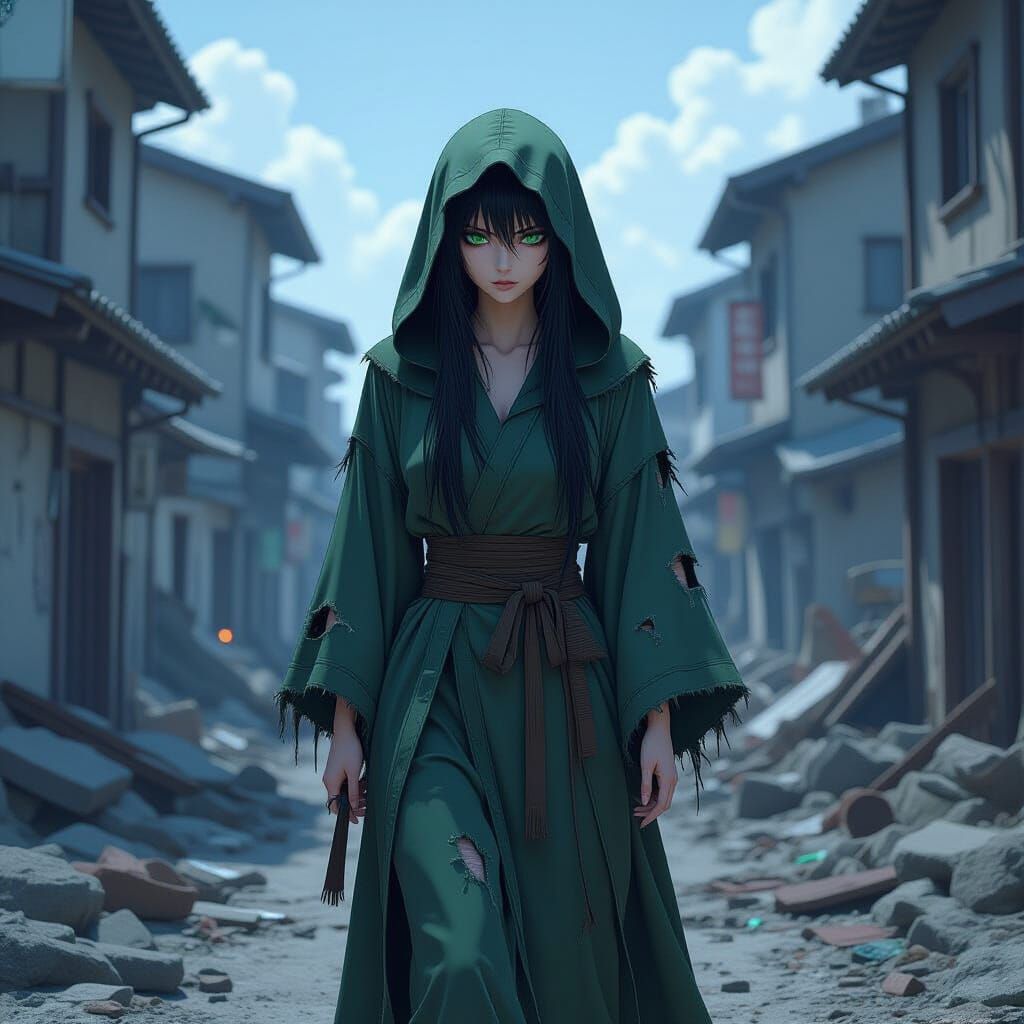 Anime Woman Wandering a Destroyed City