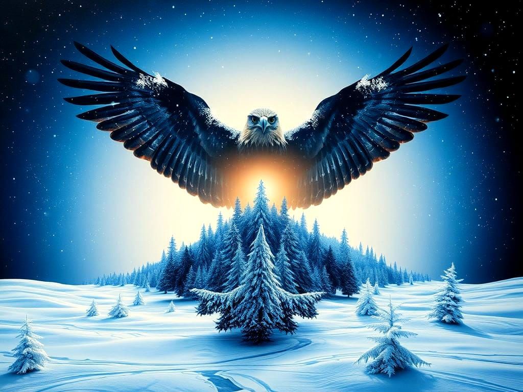 Surreal Hawk Soars Above Winter Wonderland in Starry Night S...