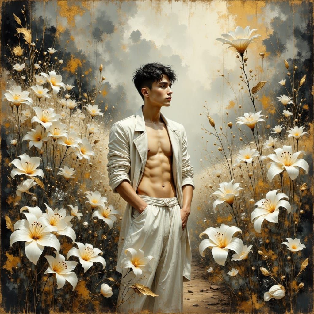 Man in White Jacket in Lily Garden