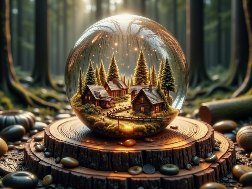 Surreal Glass Globe Village in a Mystical Woodland Scene