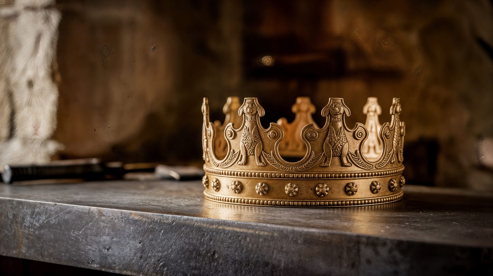 Golden Dog Crown on Blacksmith's Table in Warm Light