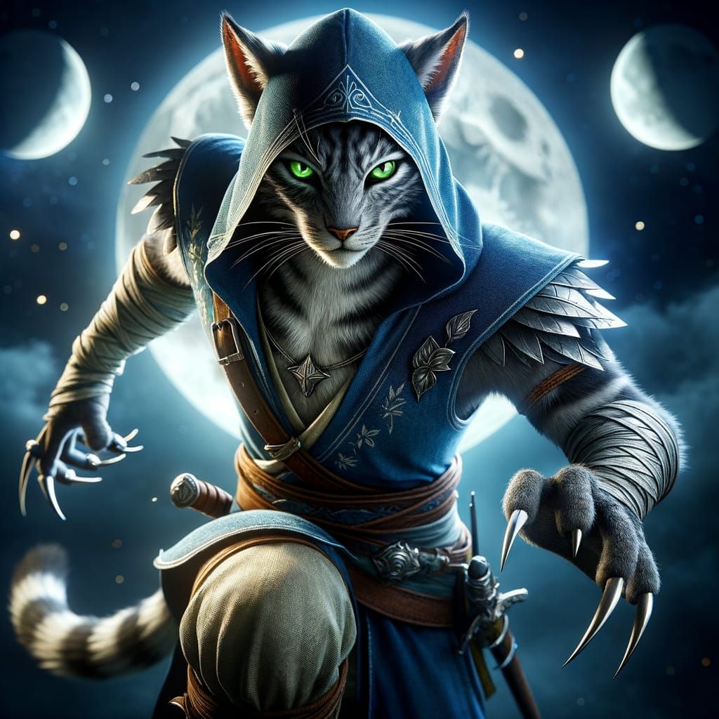 Fierce Gray Striped Khajiit Under Night Sky with Two Silver ...