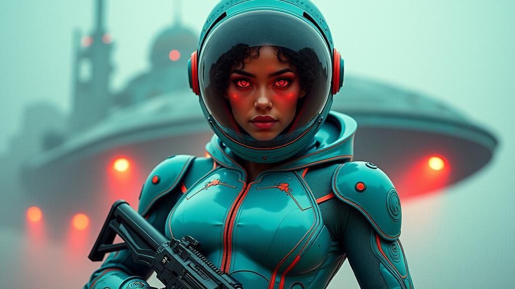 Venezuelan Woman in Teal Spacesuit with Laser Rifle