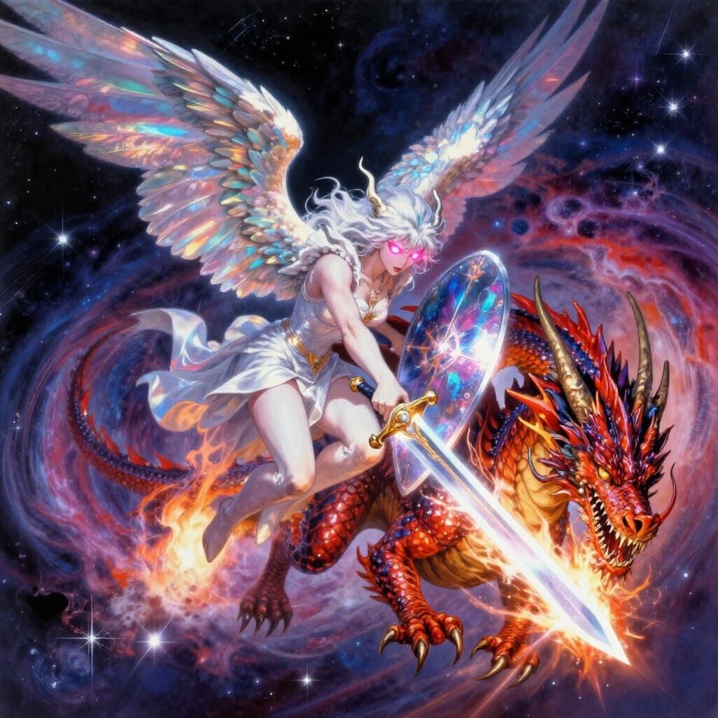 Angel Battles Dragon in Cosmic Fantasy Art