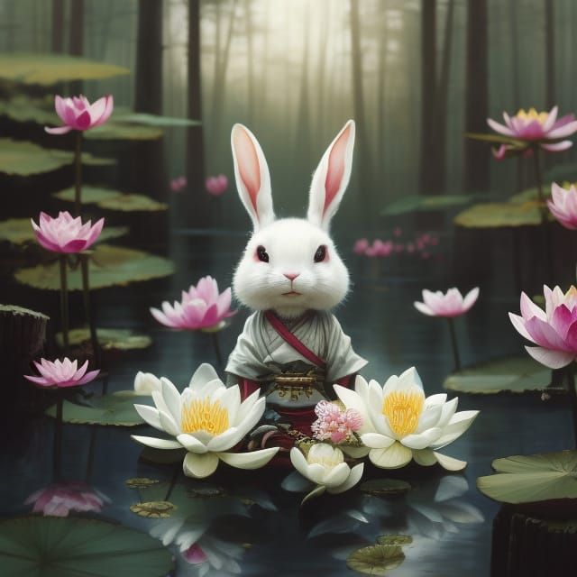 Chibi Bunny Samurai at Forest Lake, Matte Painting