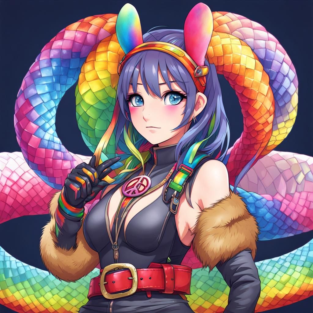 Giant Rainbow Snake, 1girl, , animal ears, shaded face, Rain...