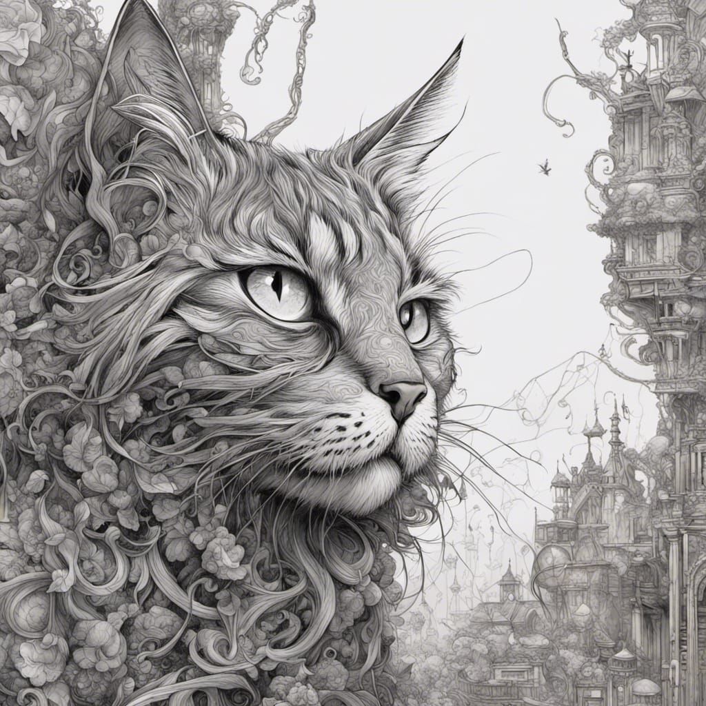 Intricate Monochrome Pen Sketch of a Cat
