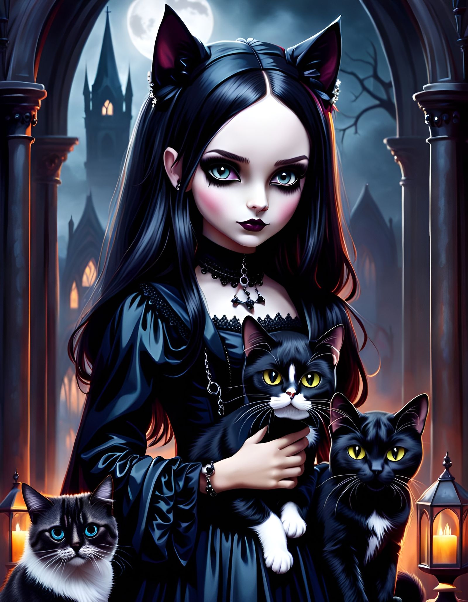 Mysterious Gothic Girl with Dog and Cat