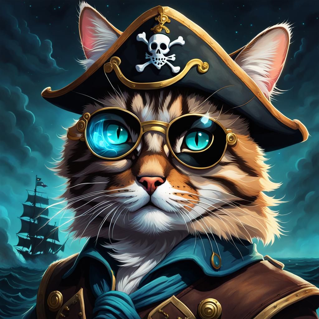 Bioluminescent Pirate Cat: Captain Whiskerpaws on Stormy Sea...