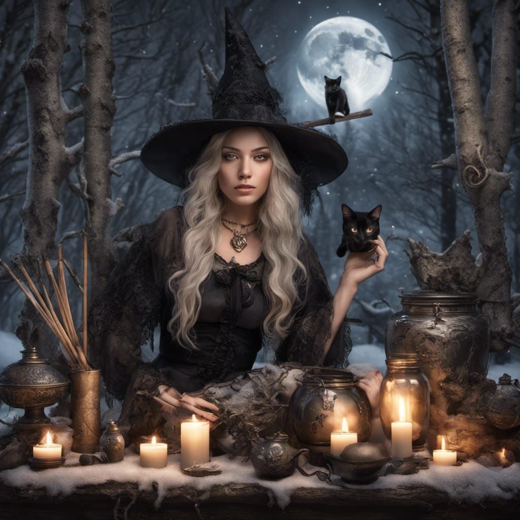 Mystical Witch with Black Cat in Snowy Woods